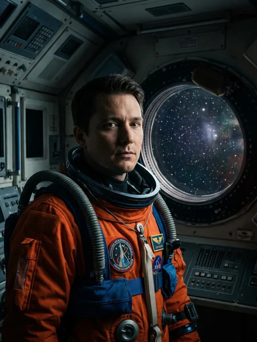 professional studio portrait photo, wearing official spacesuit, space station in