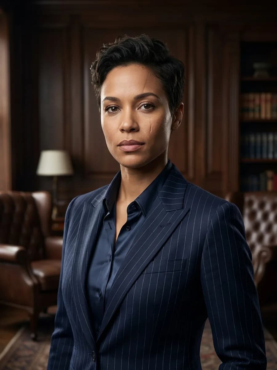 professional studio portrait photo, wearing expensive tailored dark executive su