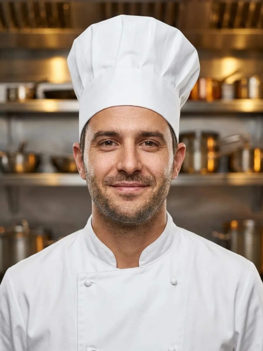 professional studio portrait photo, wearing white chef coat and tall chef toque