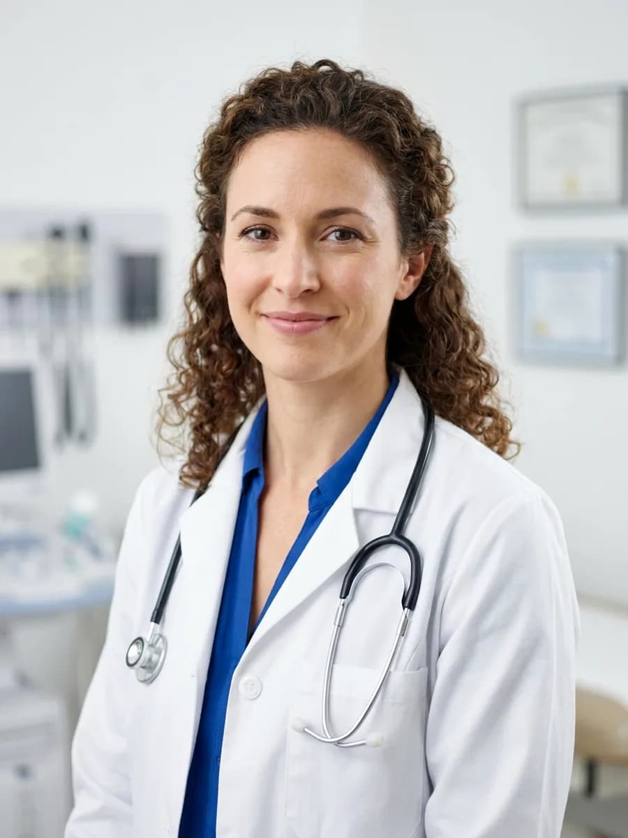 professional studio portrait photo, wearing white medical lab coat, stethoscope