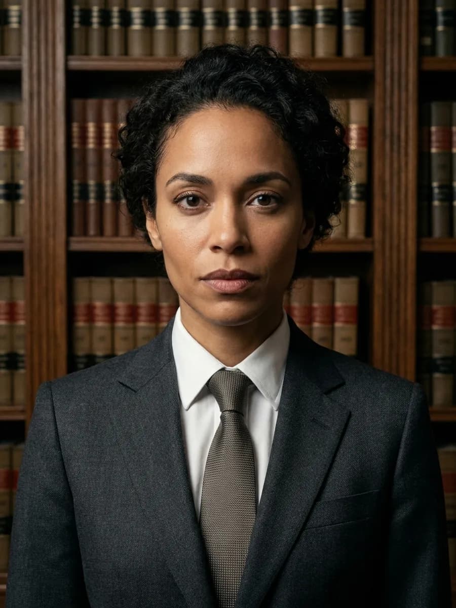 professional studio portrait photo, wearing formal dark suit with tie, law offic