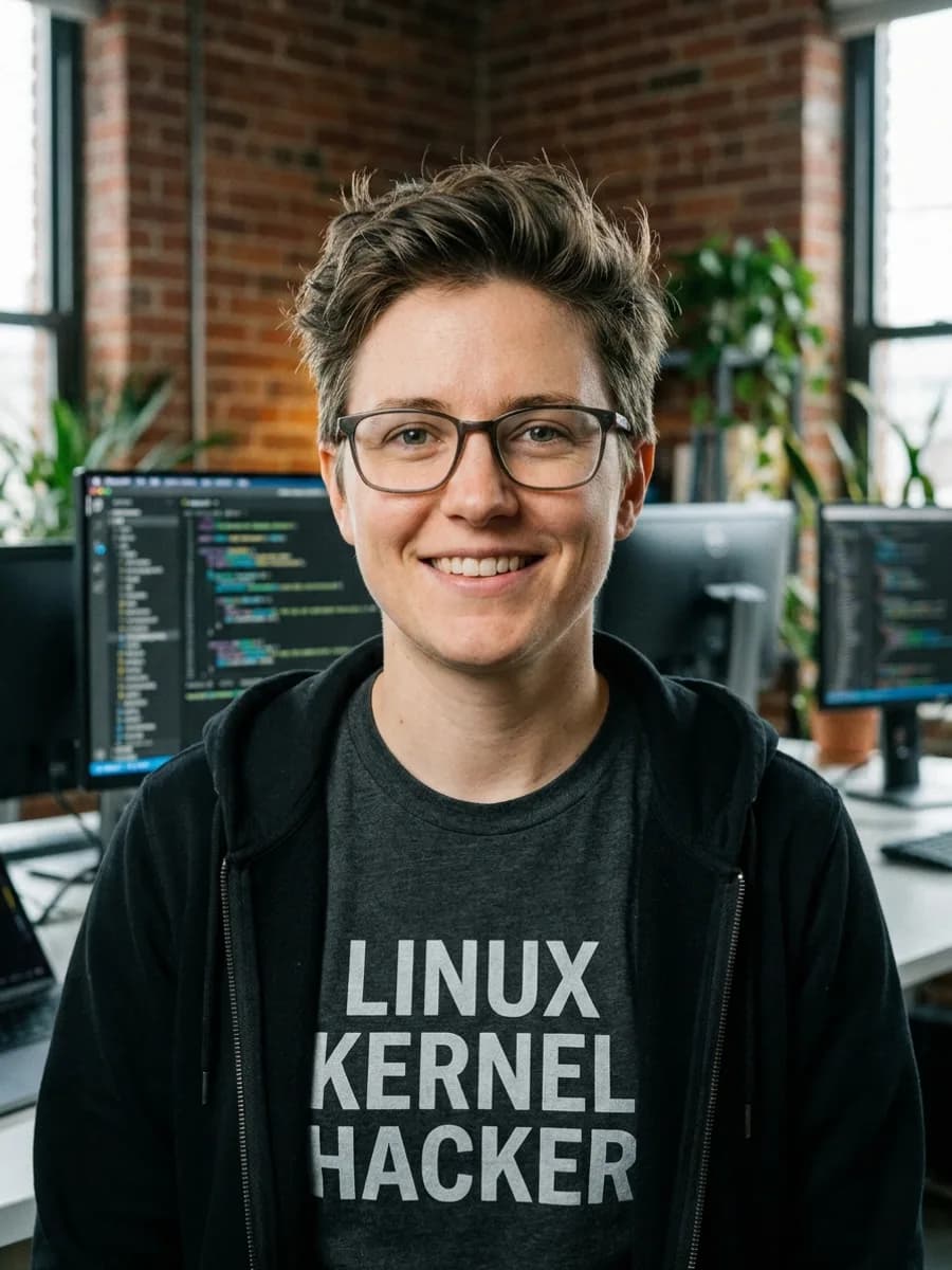 professional studio portrait photo, wearing casual tech hoodie or developer t-sh