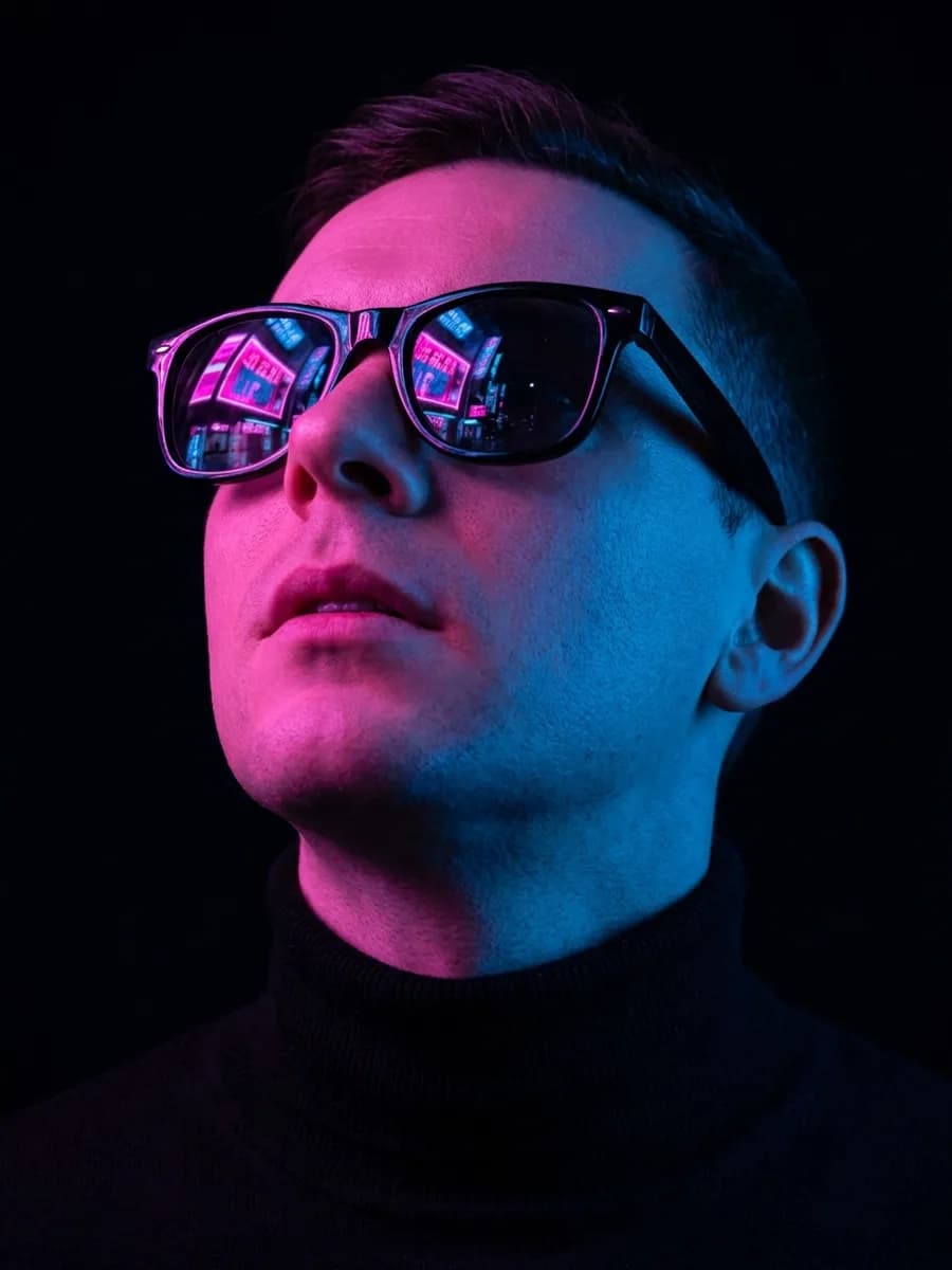 Close-up portrait of the uploaded person viewed from a dramatic low-angle perspe