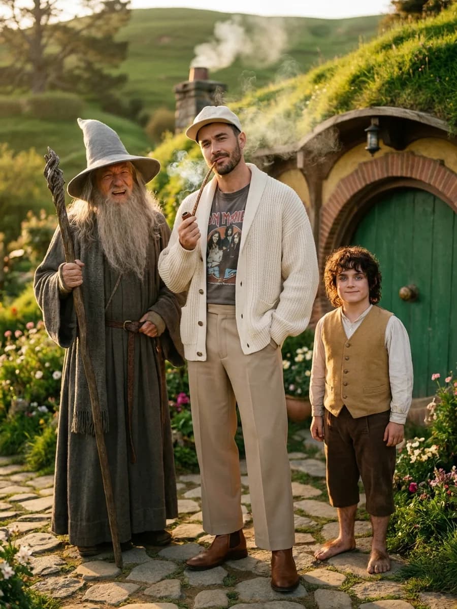 Ultra-realistic cinematic group photograph at Bag End in the Shire from Lord of