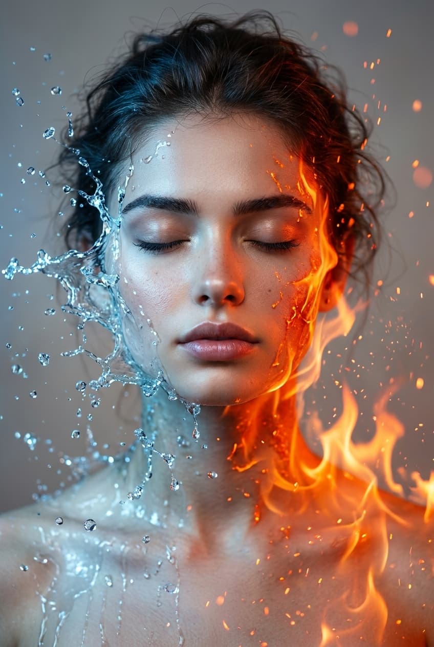 A surreal portrait of a young person with closed eyes, centered composition, cal