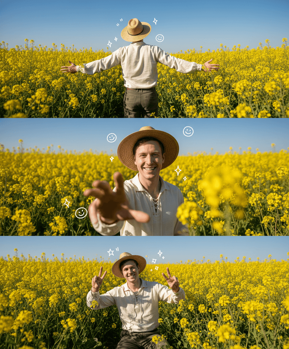 A high-quality 3-panel vertical photo collage of a person, wearing a cream-color