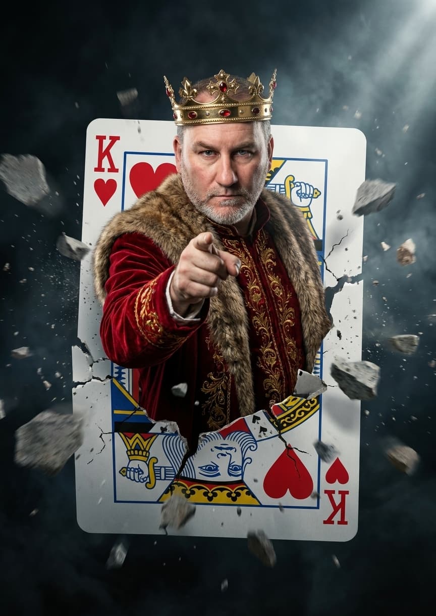 A dramatic cinematic composition of a King of Hearts playing card emerging into