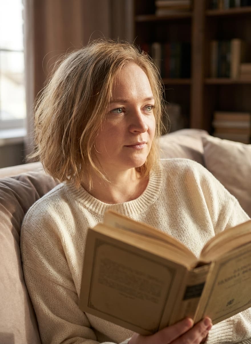 A soft cinematic editorial photo of a young woman in the uploaded image reading