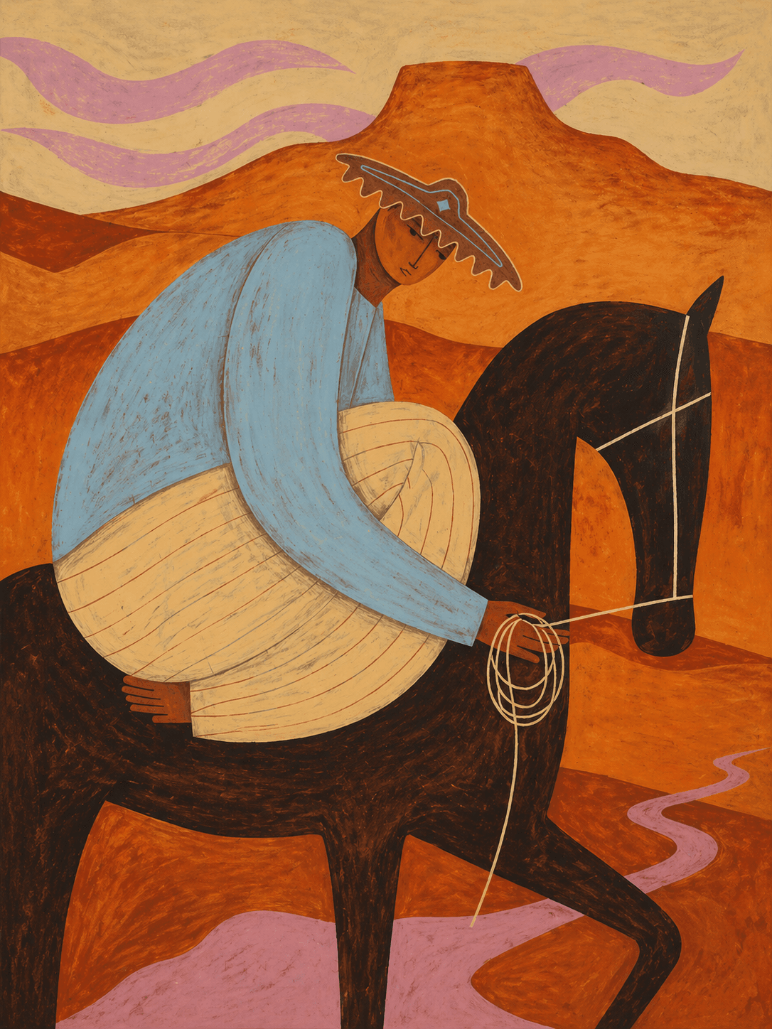 Ковбой в синей рубашке едет на чёрной лошади по оранжевой пустыне на фоне гор